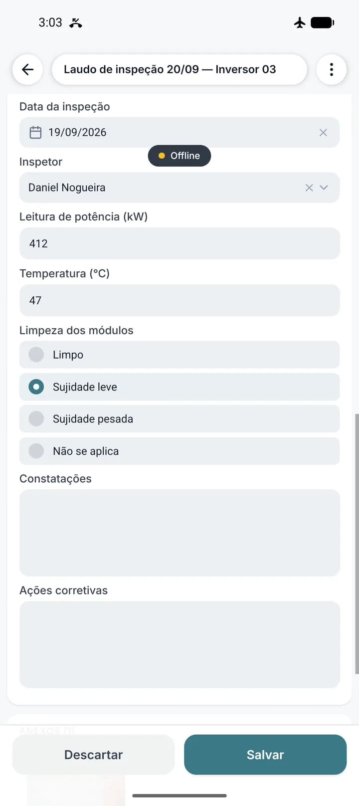 Laudo de inspeção do Inversor 03 preenchido no app do Geodocs, offline, com leitura de potência e temperatura
